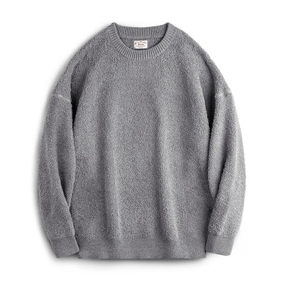 Maden New Retro Grey Round Neck Sweater Fleece-lined Warm Versatile Pullover for Men with Loose Fit Tops for Autumn and Winter