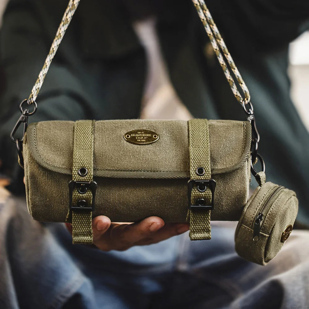 Maden Men's Vintage Canvas Military Green Cylinder Bag Woven Shoulder Strap Crossbody Commuter Bag & Detachable Coin Purse