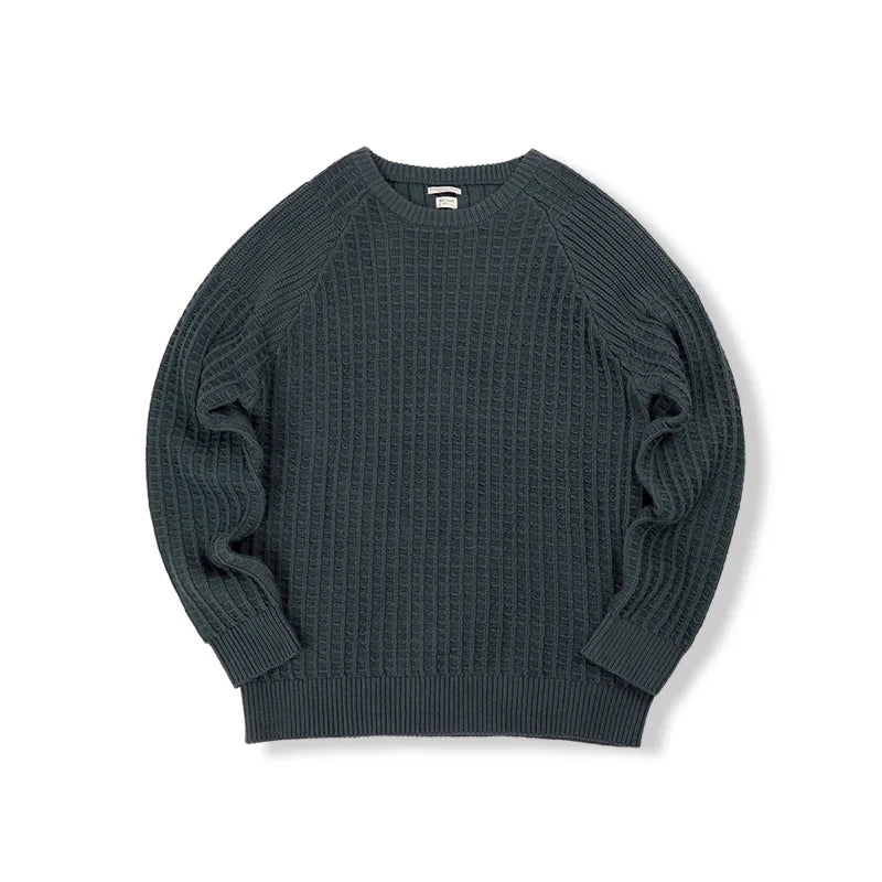 Maden Autumn Waffle Round Neck Knit Sweaters Casual Warm Solid Pullover Classic Fashion Loose Jumper for Men Tops Clothing