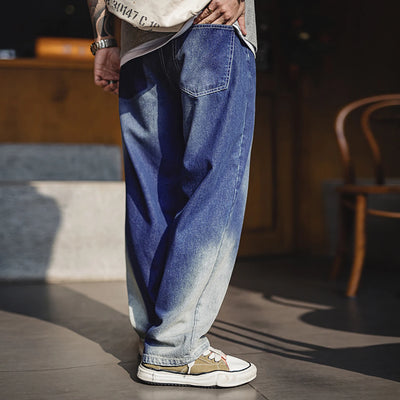 Maden Men's Washed Gradient Blue Jeans Cleanfit Straight-Leg Twill Denim Pants Zip Fly Casual Trousers for Spring Autumn