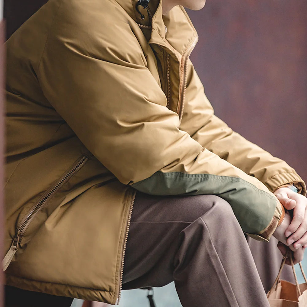 Maden Hooded Down Jacket for Men Winter Thickened Matte Glossy Fabric Parka Outdoor Warm Coat Versatile Outerwear Black Jacket