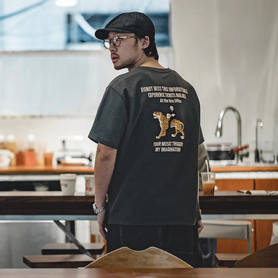 Maden 330g/m² Heavyweight Short Sleeve for Men T-Shirts Retro Embroidered Tiger Letters Pattern Tees Casual Summer Tops