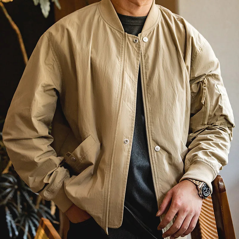 Maden Khaki MA-1 Flight Jacket for Men Classical Baseball Collar Jacket Autumn Ribbed Hem Windproof Coats Copper Buttons