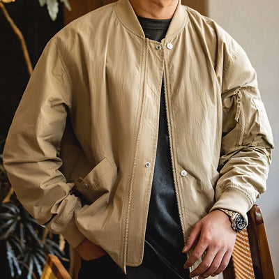 Maden Khaki MA-1 Flight Jacket for Men Classical Baseball Collar Jacket Autumn Ribbed Hem Windproof Coats Copper Buttons