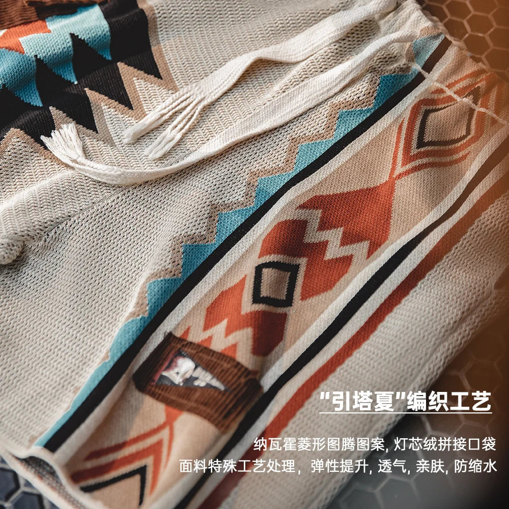 Maden Navajo Totem Knitted Shorts Men's  Elastic Waist Casual Shorts with Corduroy Pocket Summer Beach Breathable Short Pants