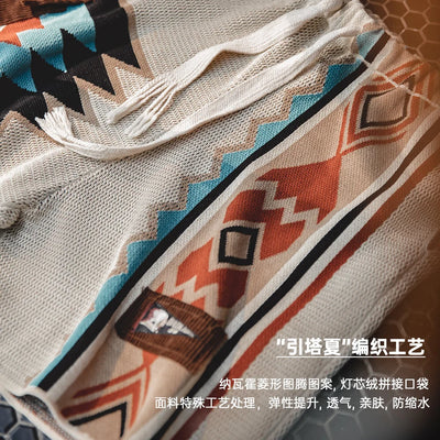 Maden Navajo Totem Knitted Shorts Men's  Elastic Waist Casual Shorts with Corduroy Pocket Summer Beach Breathable Short Pants
