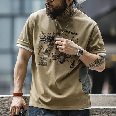 Maden Summer Short Sleeve T-Shirts Outdoor Camp Fun Print Tees with Waterproof Pocket Casual Loose Fit Tops for Men