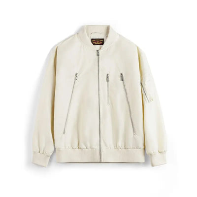 Maden Men's Vintage L2B Pilot Jacket White Lightweight Flight Bomber Jacket Short Zip-Up Casual Baseball Coat for Spring Autumn