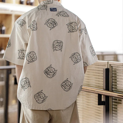 Maden Men's Japanese Vintage Linen Sense Print Shirts 100% Cotton Loose Short Sleeve Shirt Blouses 2023 Summer Workwear Tops