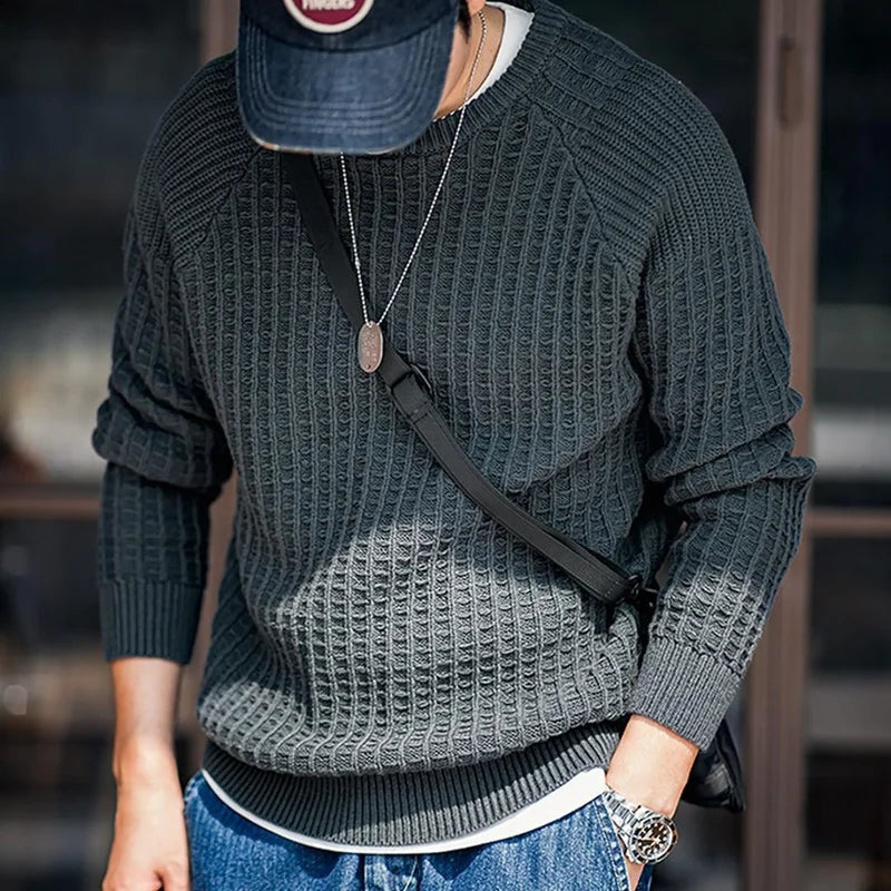 Maden Autumn Waffle Round Neck Knit Sweaters Casual Warm Solid Pullover Classic Fashion Loose Jumper for Men Tops Clothing