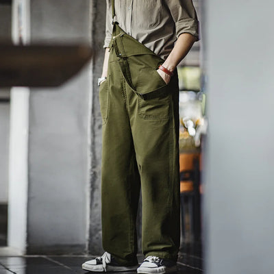 Maden Retro Overalls Casual Straight Jumpsuit for Men's Solid Color Spring and Autumn with Pocket Design Trousers
