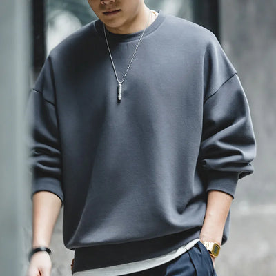 Maden Workwear Retro Grey Off Shoulder Space Cotton Sweater Air Layer Hatless Round Neck Coat Head Men's Fashion