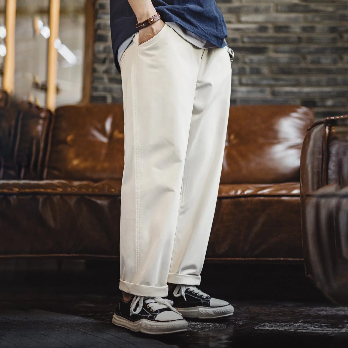 Maden Men's White Casual Pants Commuting Herringbone Straight-Leg Trousers Double Back Pockets Loose Fit Pants for Spring Fall