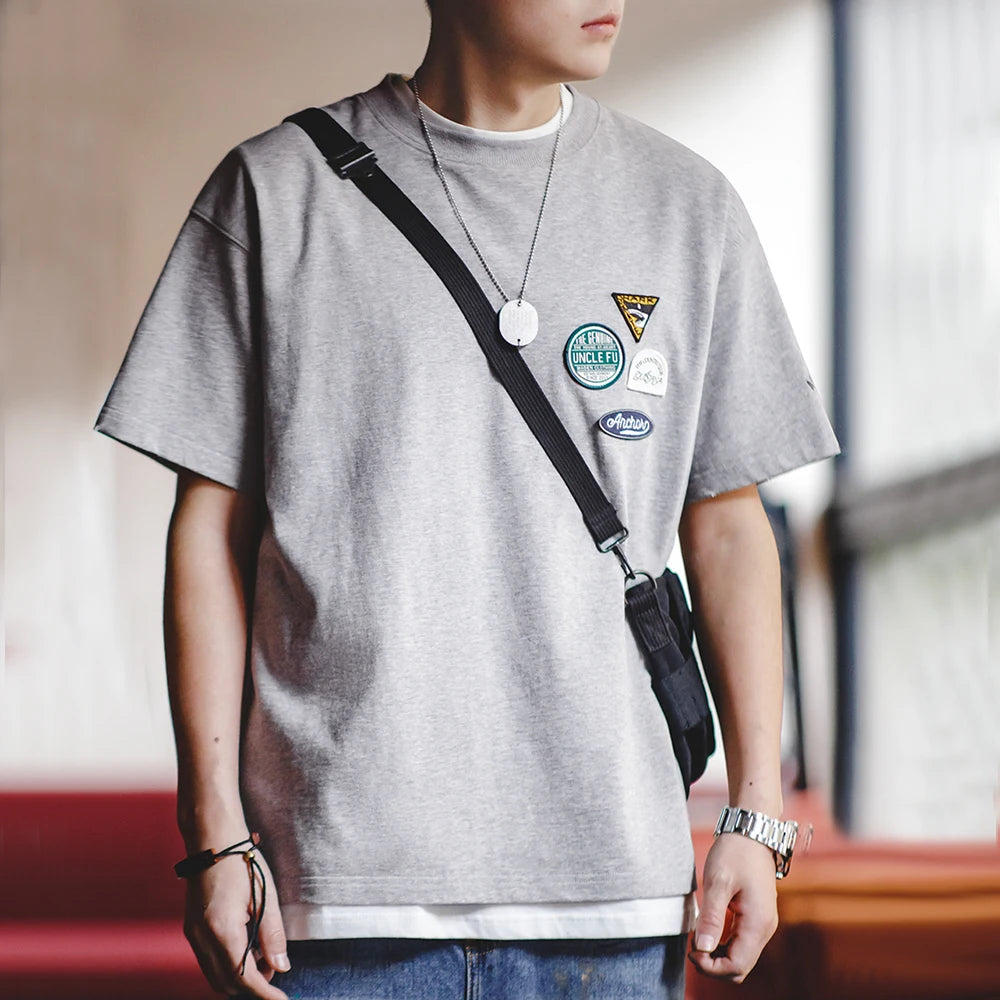 Maden New Casual Embroidered Badge Design Short-sleeved T-shirt with Pure Cotton Round Neck Tee for Men's Summer Tops