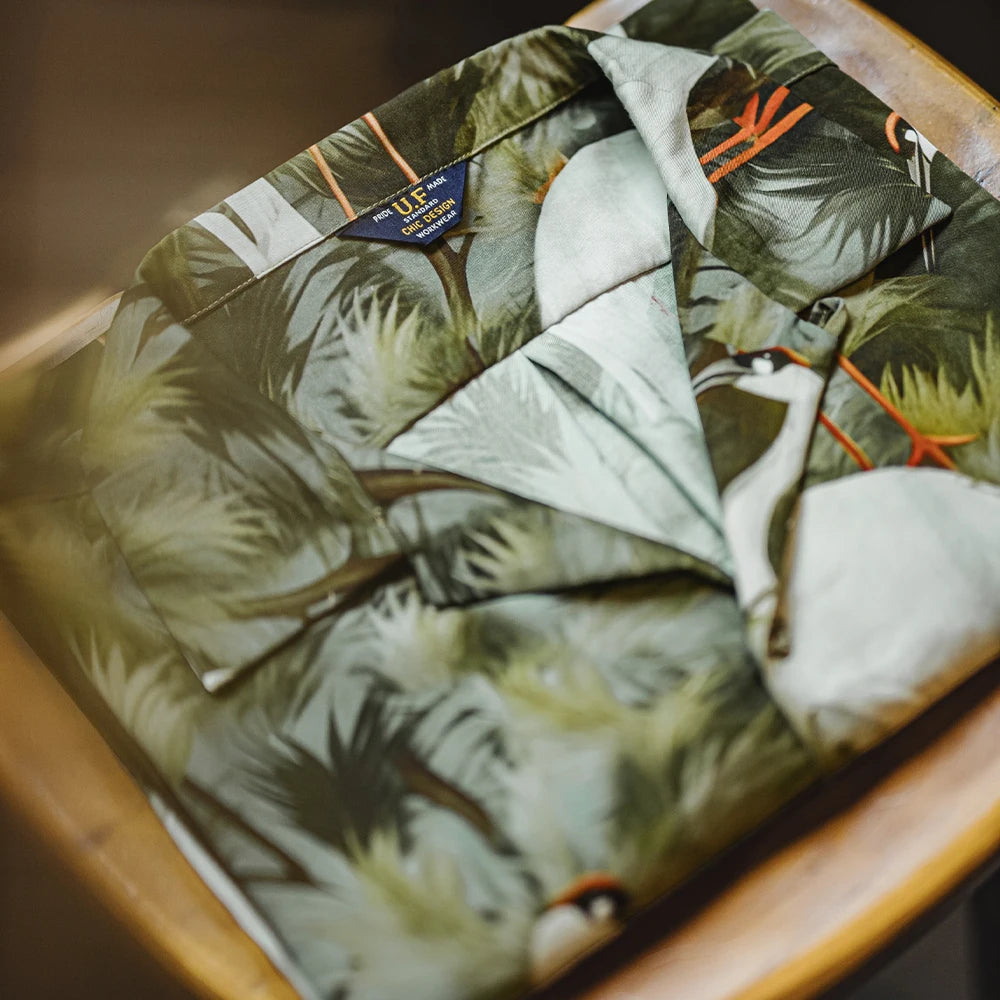 Maden Retro Crane Print Hawaiian Shirt Men's Summer Breathable Short Sleeve Collar Shirt Casual Single-breasted Vacation Blouse