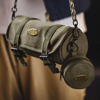 Maden Men's Vintage Canvas Military Green Cylinder Bag Woven Shoulder Strap Crossbody Commuter Bag & Detachable Coin Purse