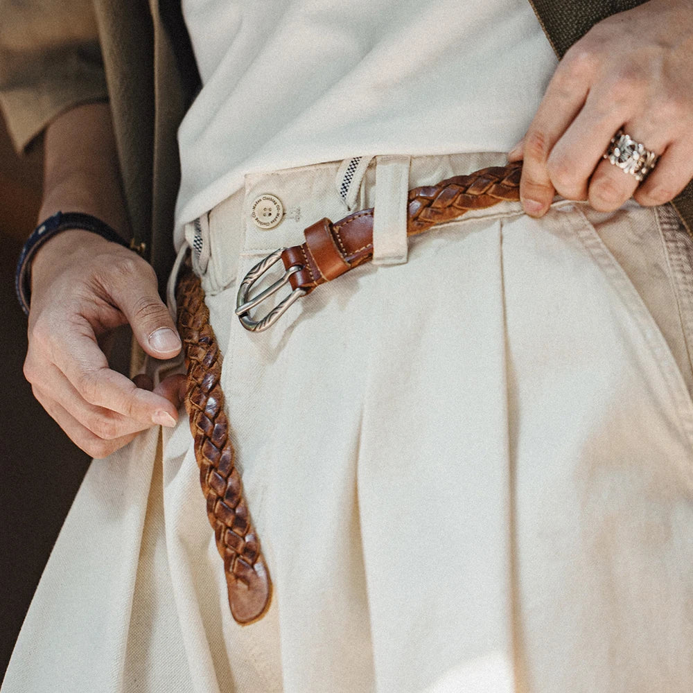 Maden Vintage Belt Woven Vegetable Tanned Cowhide Leather Belt Accessories with Two-layer Cowhide for Men's Versatile Brown Belt