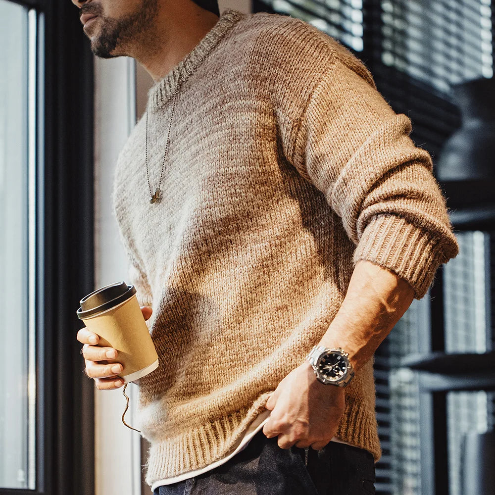 Maden Men's Autumn Winter American Vintage Gradient Stripe Sweater Pullover Round Neck Blended Knitwear