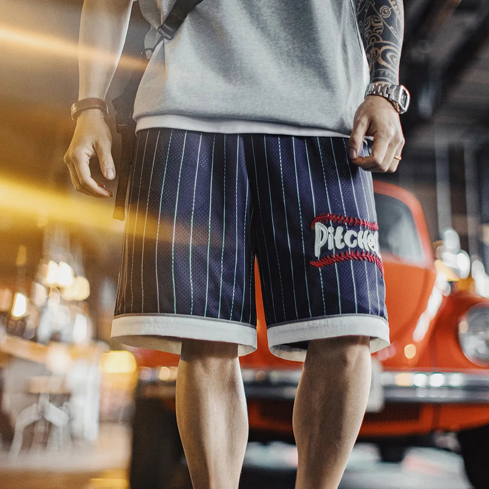 Maden Casual Breathable Mesh Basketball Shorts Men Summer Train Loose Embroidered Baseball Shorts Patchwork Elastic Waist Bottom