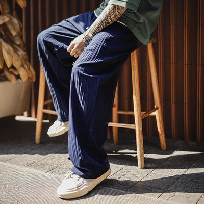 Maden Men's Pleated Pants Lightweight Navy Blue Trousers with Elastic Drawstring Waist Breathable Casual Sporty Pants for Summer