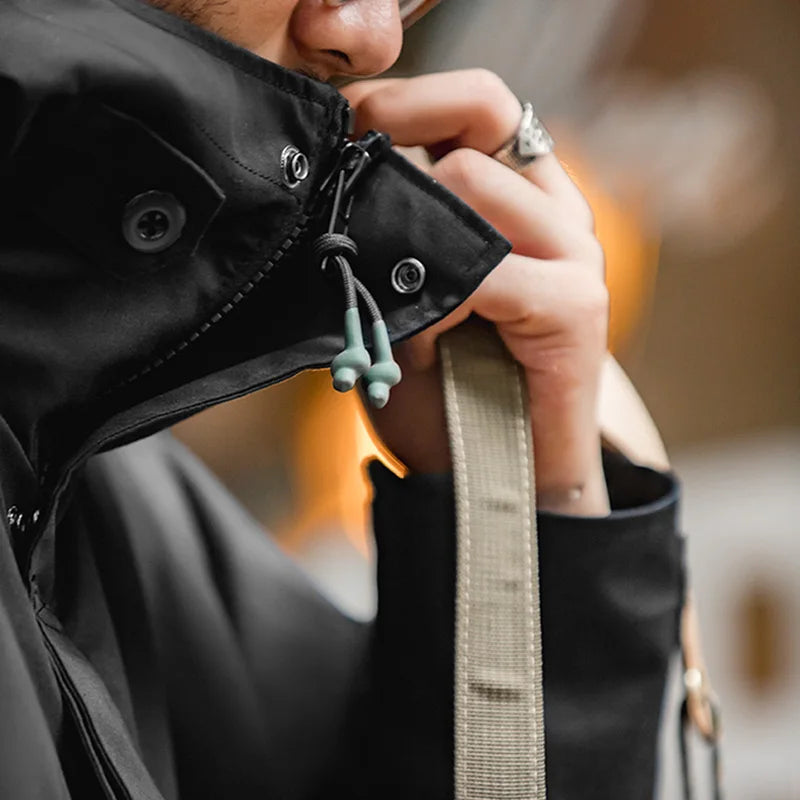 Maden Men Black Outdoor Sports Hooded Jacket Windbreaker Motorcycle Style Outwear Mid-length with Multi-pockets Coat for Autumn