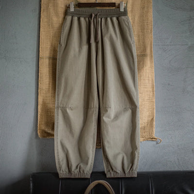 Maden Men's Vintage Aged Trousers Drawstring Elastic Waist Cotton Casual Pants Loose Fit Cuffed with Plaid Pocket Spring Fall