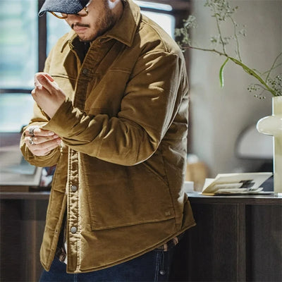 Maden Retro Corduroy Coat for Men Fall and Winter Stand-up Collar Cotton Jacket Thickened and Warm Large Pocket Jacket Navy Blue