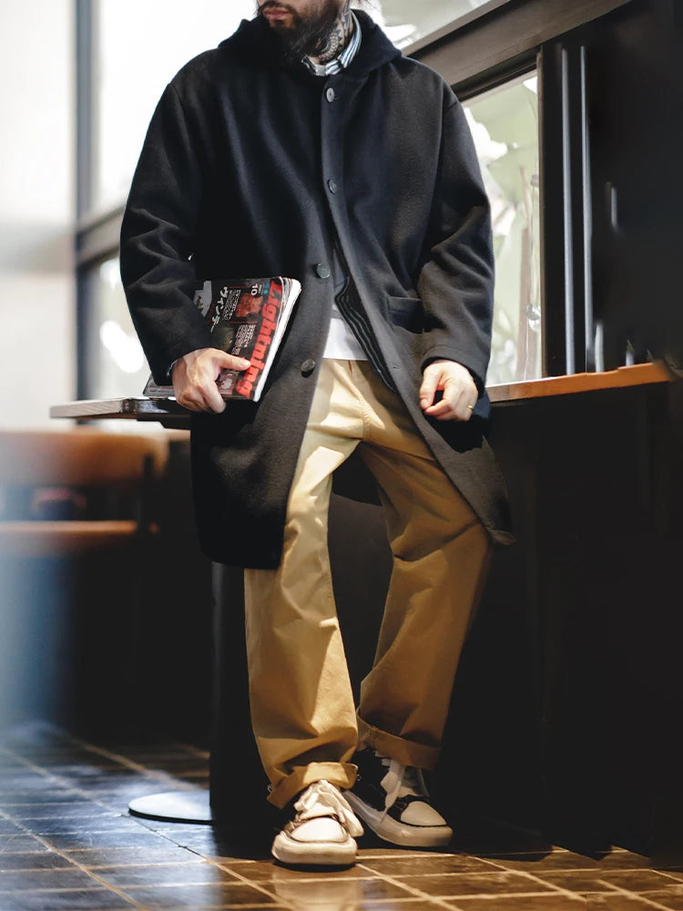 Maden Vintage Navy Blue Wool Hooded Coat Mid-Length Fleeced Jacket with Single-Breasted Warm College Style Men's Casual Overcoat