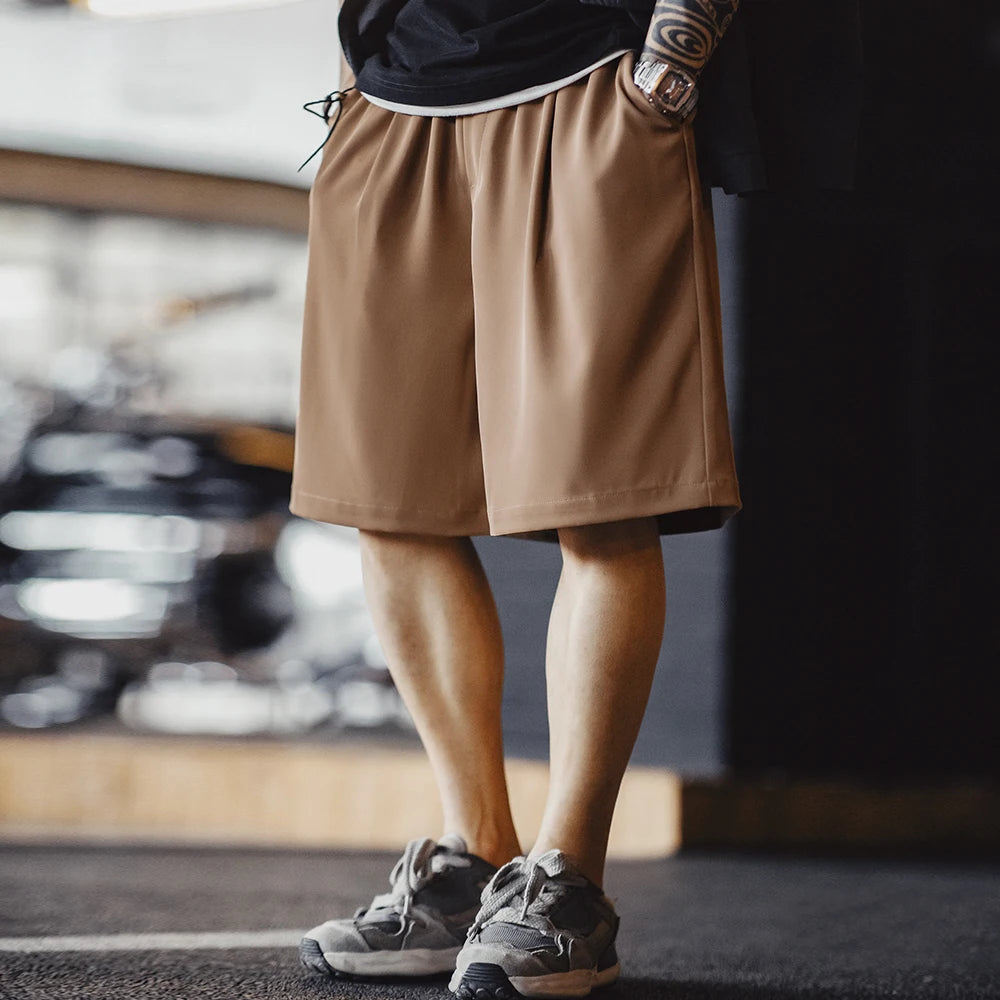 Maden Casual Easypants Shorts No-ironing Anti-wrinkle Drape Loose Straight with Elastic Waist Five-quarter Pants for Men