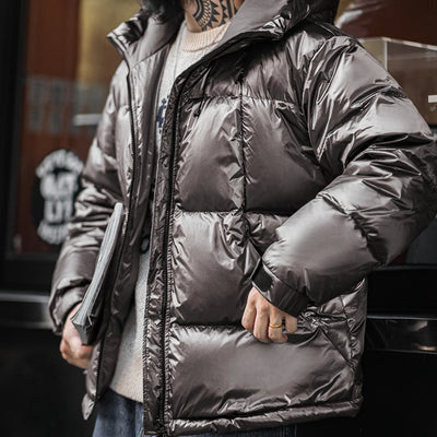 Maden Casual Glossy Hooded  90% White Duck Down Jacket Warm Stand-up Collar Puffer for Men's Winter Versatile Solid Color Coats