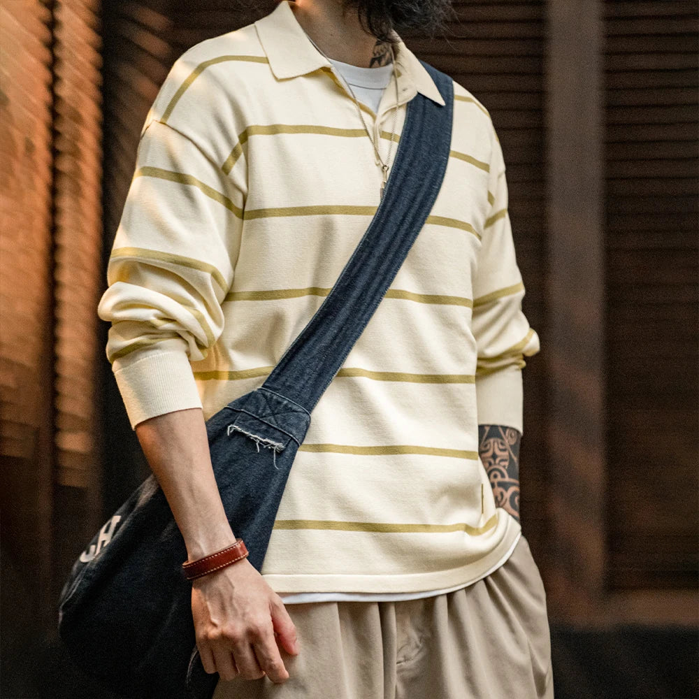 Maden Casual Striped Knitted Polo Shirt Contrast Color Turn-down Collar Half-open Placket Loose Fit Long-sleeved T-shirt for Men