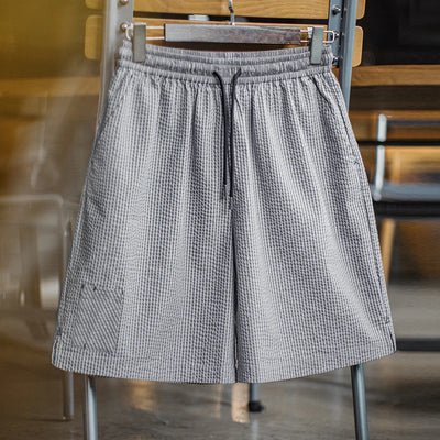 Maden Casual Seersucker Checked Shorts Men's Summer Breathable Office Shorts Elastic Waist Pants Straight Leg Comfortable Bottom