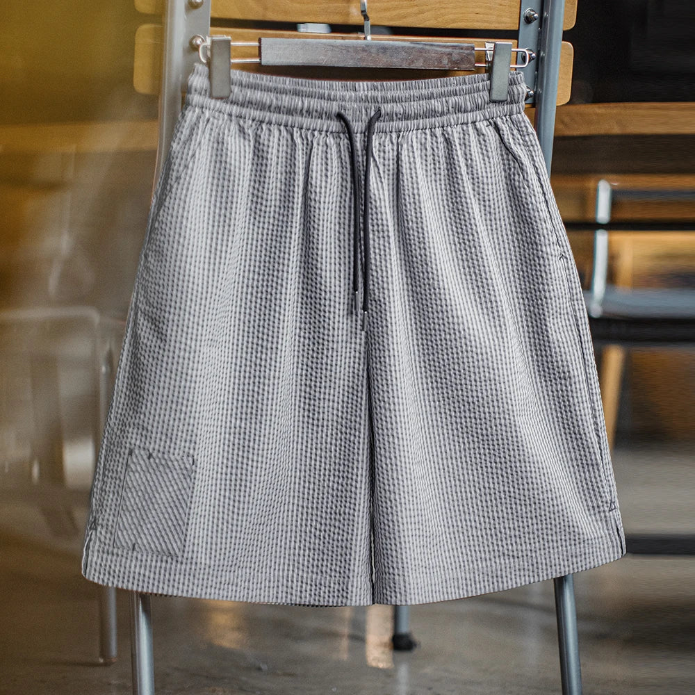 Maden Casual Seersucker Checked Shorts Men's Summer Breathable Office Shorts Elastic Waist Pants Straight Leg Comfortable Bottom