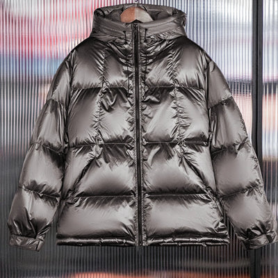 Maden Casual Glossy Hooded  90% White Duck Down Jacket Warm Stand-up Collar Puffer for Men's Winter Versatile Solid Color Coats