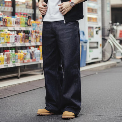 Maden Vintage 15.6oz Selvedge Raw Denim Jeans Heavyweight Blue Loose Fit Wide-Leg Jeans Zip Fly Cotton Trousers with Pockets