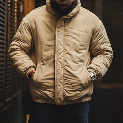 Maden Retro Khaki Stand-up Collar Cotton-padded Coat Thickened Warm Puffy Jacket with Zipper for Men's Fall and Winter Outerwear