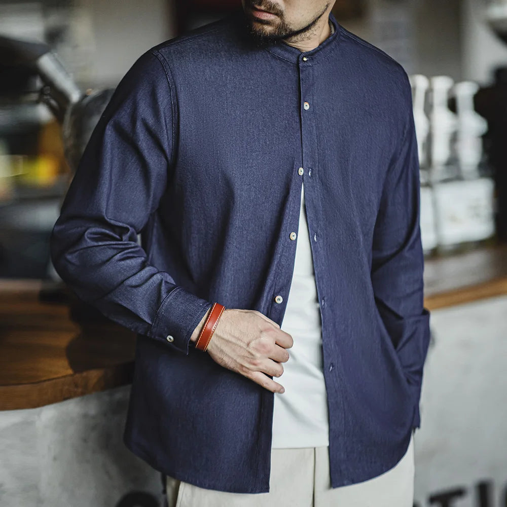 Maden Retro Cool Ice Silk Denim Shirt with Washed Round Neck Casual Solid Color Long-sleeved Shirt for Men's Autumn