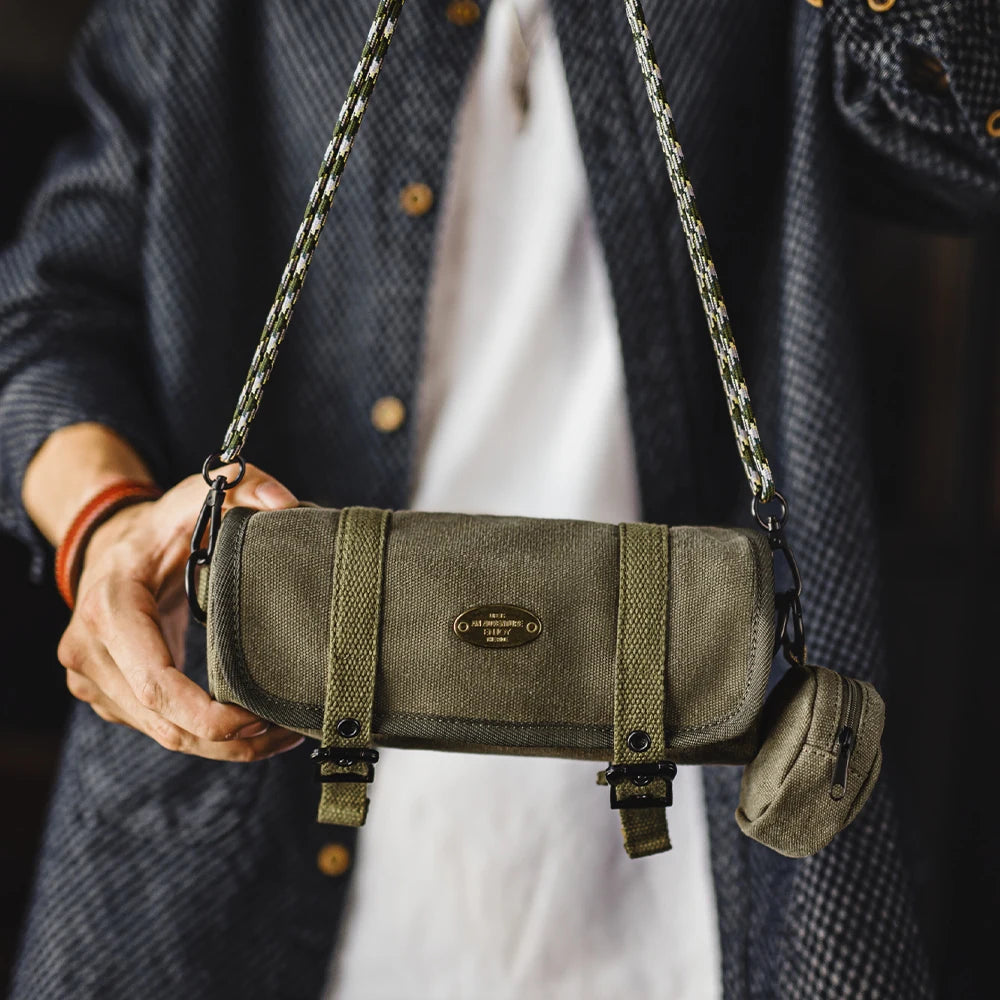 Maden Men's Vintage Canvas Military Green Cylinder Bag Woven Shoulder Strap Crossbody Commuter Bag & Detachable Coin Purse