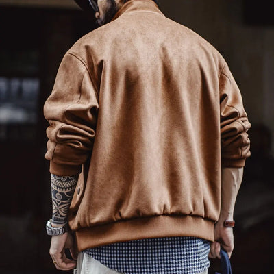 Maden Vintage Men's Suede Jackets Zippered Stand Collar Windbreaker with Tartan Lining Warm Coat for Autumn Winter Streetwear