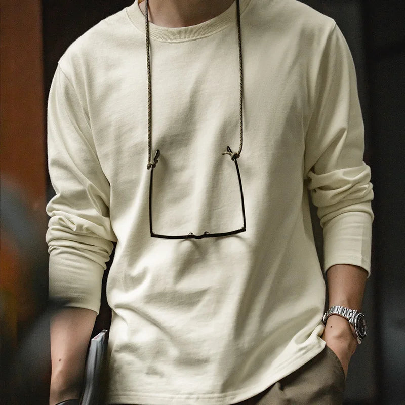Maden Basic Long Sleeve Cotton T-shirt for Men Beige Round Collar Bottom Shirts Spring and Autumn Inner Sweatshirt Men's T-shirt