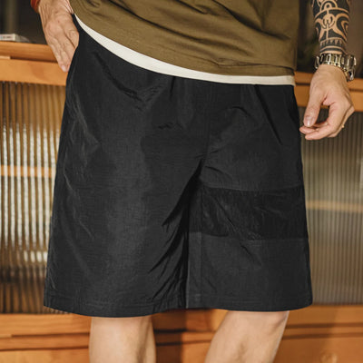 Maden Outdoor Patchwork Black Shorts Men's Lightweight Quick-Dry Breathable Shorts with Elastic Waist Straight Leg Sport Pants