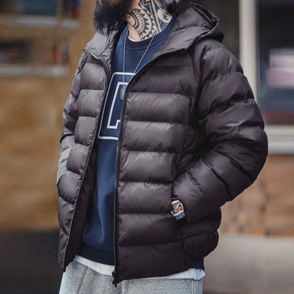 Maden Casual Lightweight Waterproof Quilted Hooded Cotton-padded Jacket Warm Solid Color Zippered Coat Men's Versatile Outerwear