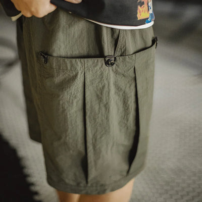 Maden Casual Green Pocket Shorts Men's Summer Lightweight Woven Straight Leg Shorts Elastic Waist Retro Street Versatile Bottoms