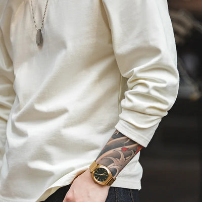 Maden Basic Long Sleeve Cotton T-shirt for Men Beige Round Collar Bottom Shirts Spring and Autumn Inner Sweatshirt Men's T-shirt