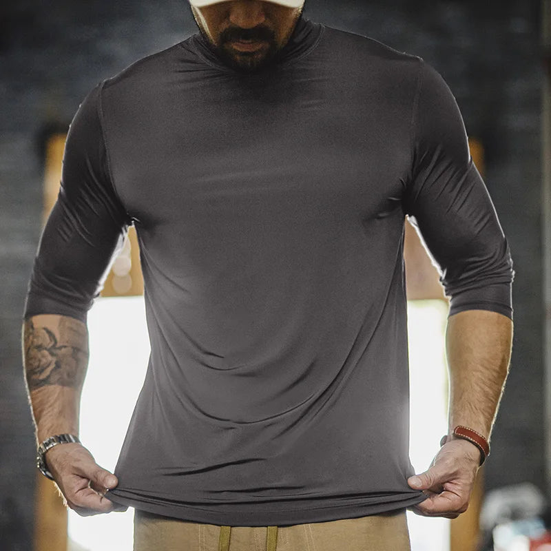 Maden Men's Mock Neck Long Sleeve Tee Slim Fit Stretch Layering Shirt Gray Workout Basic T-shirt for Spring and Fall Underwear