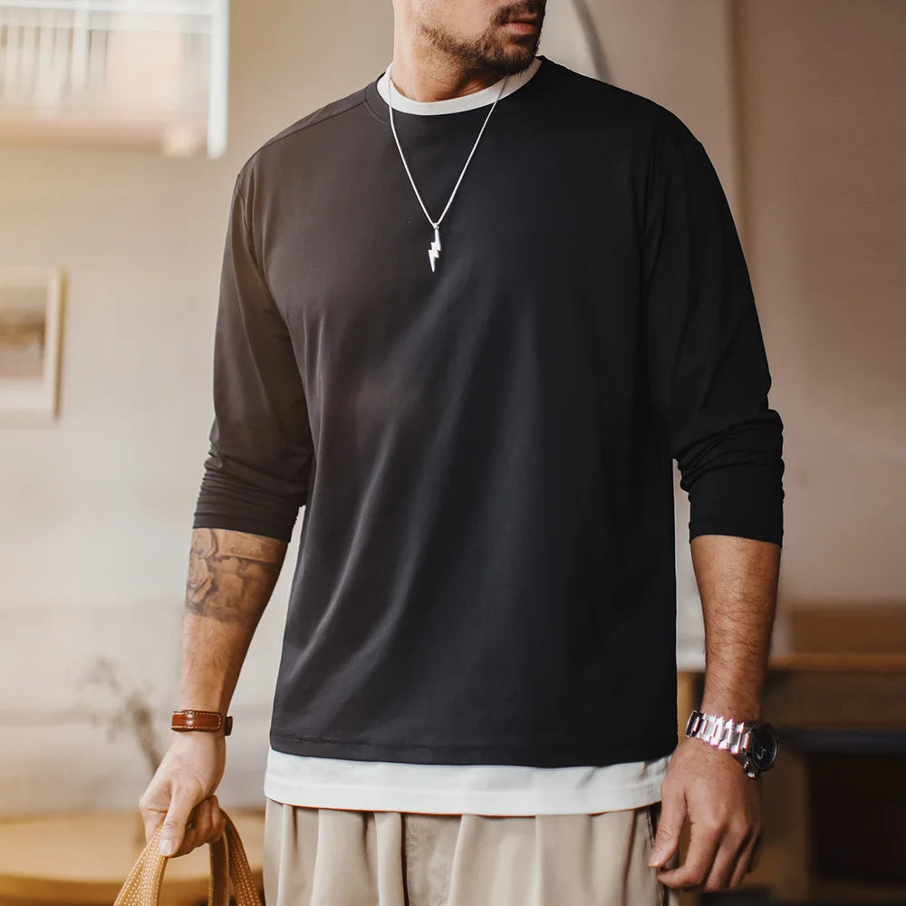 Maden Casual 7A Anti-Bacterial Quick-Dry Long Sleeve T-Shirt Men's Spring Cool Comfort Breathable Tops Round Neck Layering Tee
