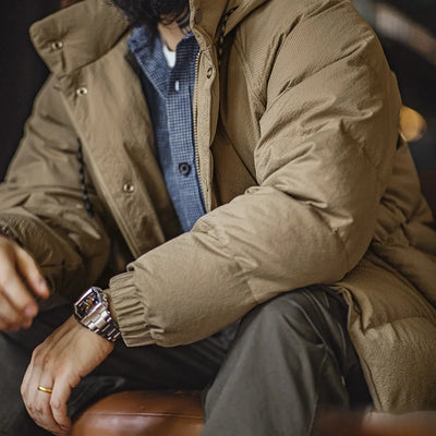 Maden Men's Winter Wide Quilting Seam Thickened Down Jacket White Duck Down Navy Blue Hooded Jacket High Density Fabric Warm Top