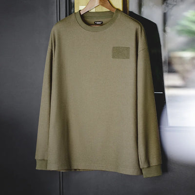 Maden Drop Shoulder Sleeve Waffle T-shirts for Men Casual Round Collar Versatile Layering Sweatshirt Male Long-sleeved Tees