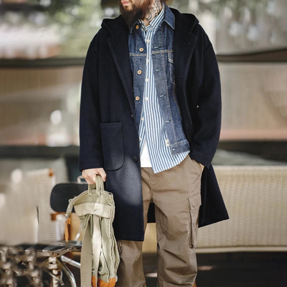 Maden Vintage Navy Blue Wool Hooded Coat Mid-Length Fleeced Jacket with Single-Breasted Warm College Style Men's Casual Overcoat