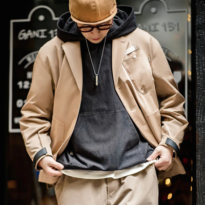 Maden New Casual Notch Lapel Men's Spring Jacket with Loose Fit Single Breasted Multi-Pocket Blazer Vintage Versatile Outerwear